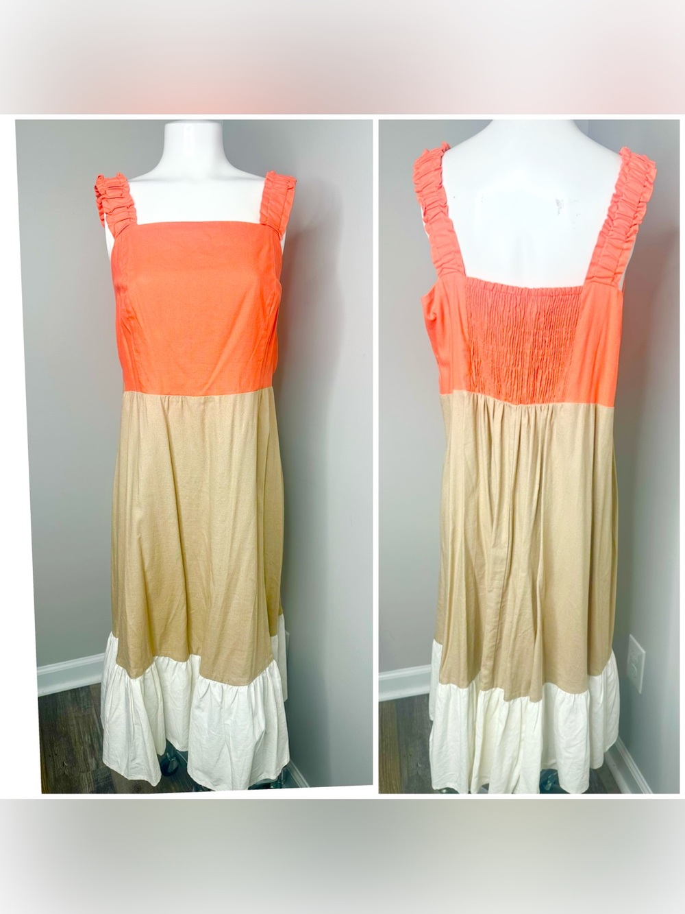 2Seven Coral, Cream and Tan Tiered Maxi Dress 1X